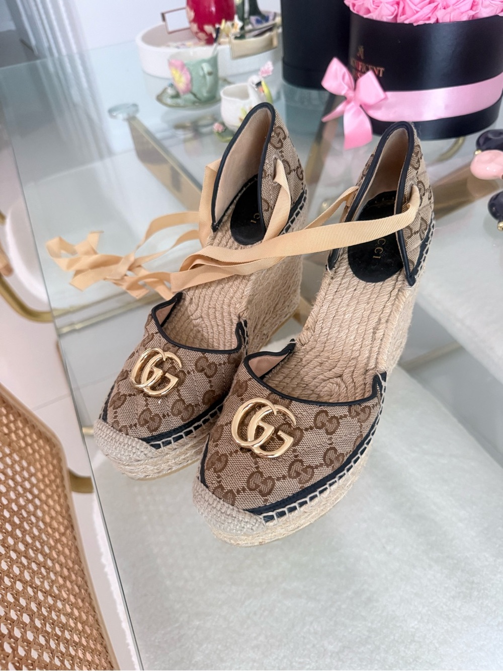 Gucci Brown Beige Monogram Espadrille Wedge Sandals with Gold Double G